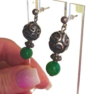 Beautiful Green Aventurine and Signed 925 Silver Dangle Earrings